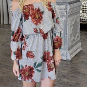 Infinity Raine Gray Floral Off-Shoulder Dress
